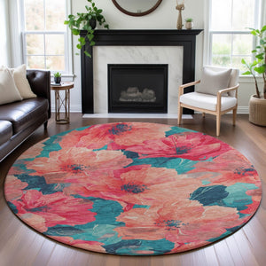 HomeRoots 8' X 8' Floral Round Rug in Salmon & Teal - Washable, UV-Protected, Stain-Resistant for Any Space! 694343
