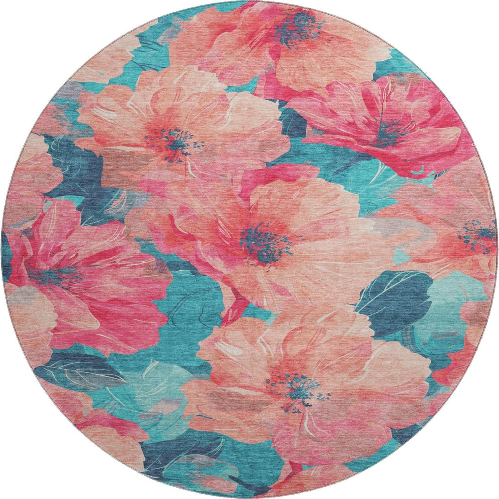 HomeRoots 8' X 8' Floral Round Rug in Salmon & Teal - Washable, UV-Protected, Stain-Resistant for Any Space! 694343