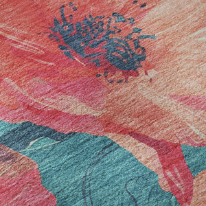 HomeRoots 8' X 8' Floral Round Rug in Salmon & Teal - Washable, UV-Protected, Stain-Resistant for Any Space! 694343