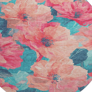 HomeRoots 8' X 8' Floral Round Rug in Salmon & Teal - Washable, UV-Protected, Stain-Resistant for Any Space! 694343