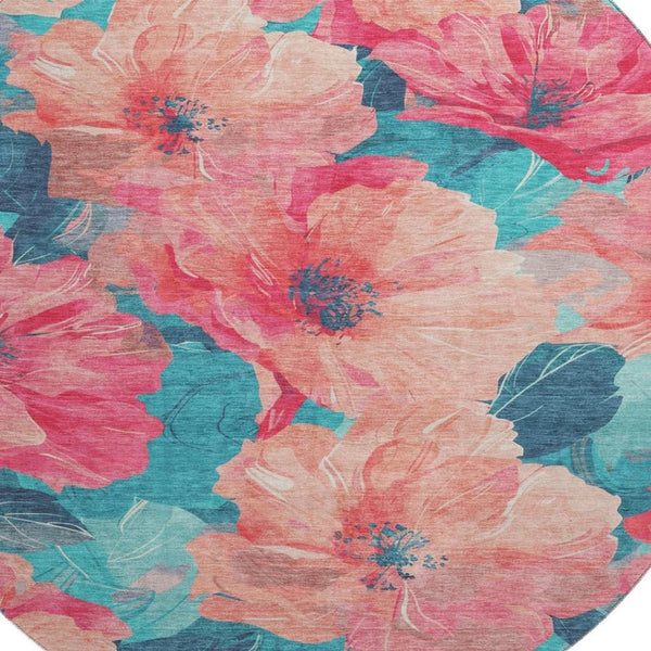 HomeRoots 8' X 8' Floral Round Rug in Salmon & Teal - Washable, UV-Protected, Stain-Resistant for Any Space! 694343