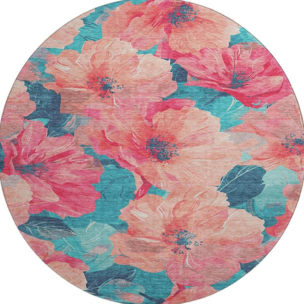 HomeRoots 8' X 8' Floral Round Rug in Salmon & Teal - Washable, UV-Protected, Stain-Resistant for Any Space! 694343