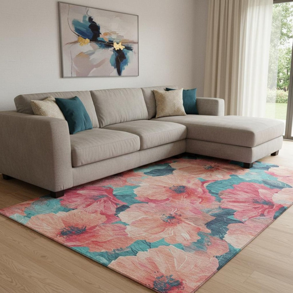 HomeRoots 8' Salmon and Teal Floral Area Rug - Washable, Stain Resistant, UV Protected for Stylish Living Spaces 694344