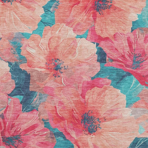 HomeRoots 8' Salmon and Teal Floral Area Rug - Washable, Stain Resistant, UV Protected for Stylish Living Spaces 694344