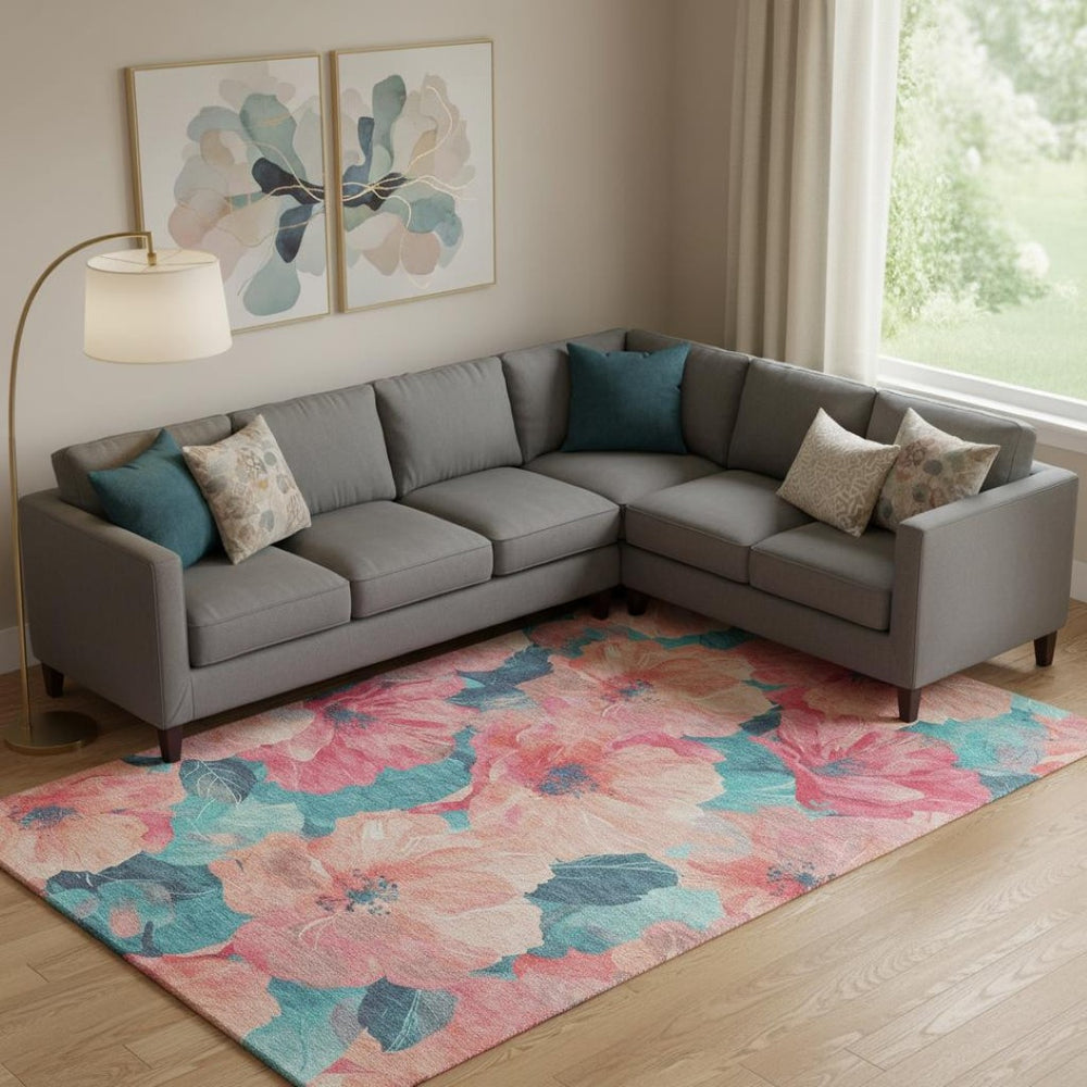 HomeRoots 9' X 12' Salmon and Teal Floral Area Rug - Washable, Stain Resistant, UV Protected for High-Traffic Homes 694345