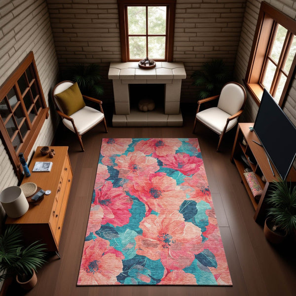 HomeRoots 9' X 12' Salmon and Teal Floral Area Rug - Washable, Stain Resistant, UV Protected for High-Traffic Homes 694345