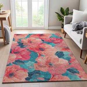 HomeRoots 9' X 12' Salmon and Teal Floral Area Rug - Washable, Stain Resistant, UV Protected for High-Traffic Homes 694345