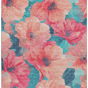 HomeRoots 9' X 12' Salmon and Teal Floral Area Rug - Washable, Stain Resistant, UV Protected for High-Traffic Homes 694345