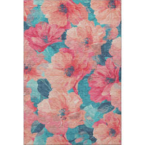 HomeRoots 9' X 12' Salmon and Teal Floral Area Rug - Washable, Stain Resistant, UV Protected for High-Traffic Homes 694345