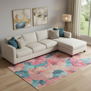 HomeRoots 10' X 14' Salmon and Teal Floral Area Rug - Washable, Stain-Resistant, UV Protected with Non-Slip Backing 694346