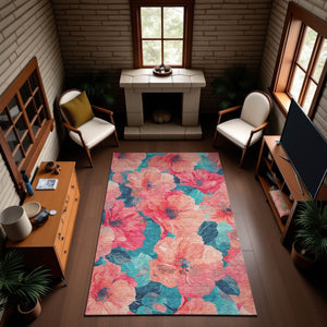 HomeRoots 10' X 14' Salmon and Teal Floral Area Rug - Washable, Stain-Resistant, UV Protected with Non-Slip Backing 694346