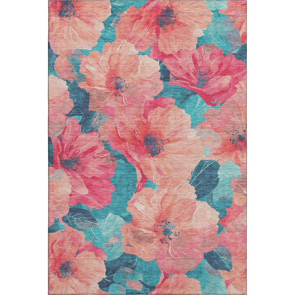 HomeRoots 10' X 14' Salmon and Teal Floral Area Rug - Washable, Stain-Resistant, UV Protected with Non-Slip Backing 694346
