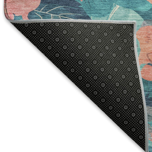 HomeRoots 10' X 14' Salmon and Teal Floral Area Rug - Washable, Stain-Resistant, UV Protected with Non-Slip Backing 694346
