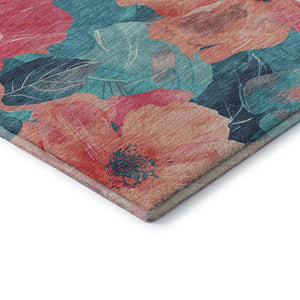 HomeRoots 10' X 14' Salmon and Teal Floral Area Rug - Washable, Stain-Resistant, UV Protected with Non-Slip Backing 694346