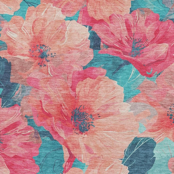 HomeRoots 10' X 14' Salmon and Teal Floral Area Rug - Washable, Stain-Resistant, UV Protected with Non-Slip Backing 694346