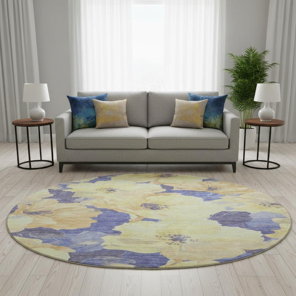 HomeRoots 8' X 8' Floral Round Rug in Wheat & Lavender – Durable, Stain Resistant & UV Protected for Easy Care 694349