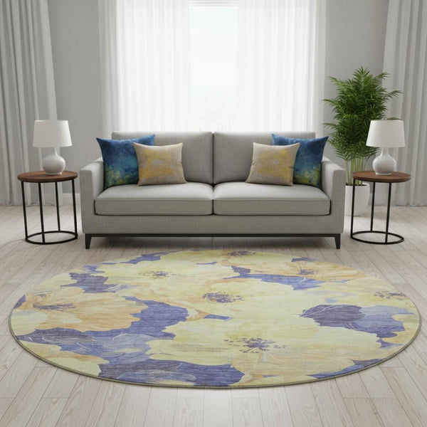 HomeRoots 8' X 8' Floral Round Rug in Wheat & Lavender – Durable, Stain Resistant & UV Protected for Easy Care 694349