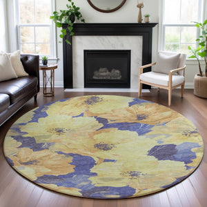 HomeRoots 8' X 8' Floral Round Rug in Wheat & Lavender – Durable, Stain Resistant & UV Protected for Easy Care 694349