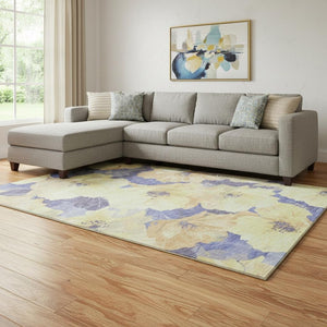 HomeRoots 8' Wheat and Lavender Floral Area Rug – Durable, Washable, UV-Protected for Active Households 694350