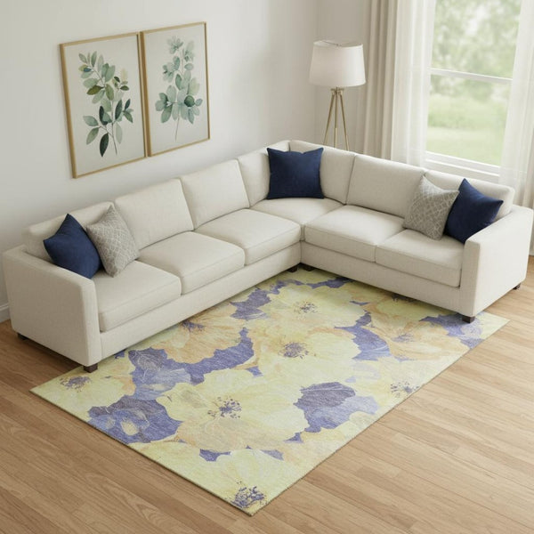 HomeRoots 9' X 12' Floral Area Rug in Wheat & Lavender – Washable, Stain Resistant, & UV Protected for Durability 694351