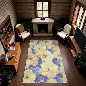 HomeRoots 9' X 12' Floral Area Rug in Wheat & Lavender – Washable, Stain Resistant, & UV Protected for Durability 694351
