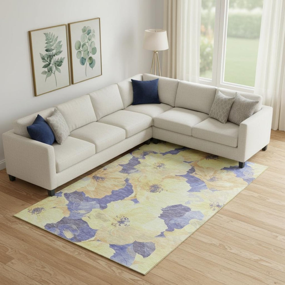 HomeRoots 10' Wheat and Lavender Floral Washable Area Rug - UV Protected, Stain Resistant, Durable Design for Homes 694352