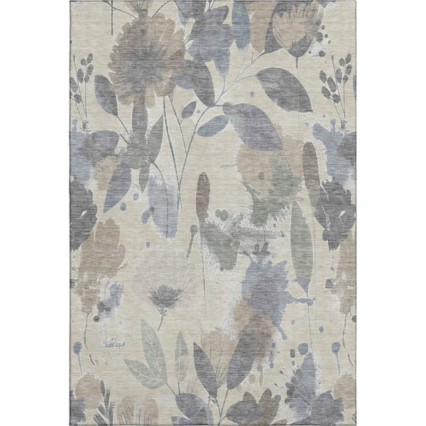 HomeRoots 5' Transitional Floral Area Rug in Beige, Gray & Ivory - Washable, UV-Protected, Non-Slip Design 694354