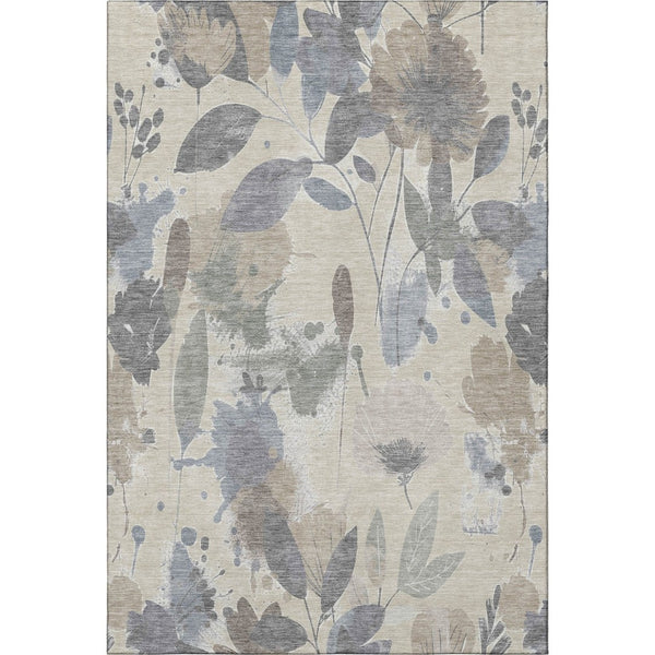 HomeRoots 5' Transitional Floral Area Rug in Beige, Gray & Ivory - Washable, UV-Protected, Non-Slip Design 694354