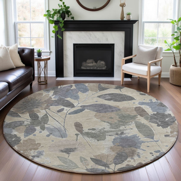 HomeRoots 8' X 8' Elegant Floral Washable Round Rug with UV Protection, Stain Resistance & Non-Slip Backing 694355