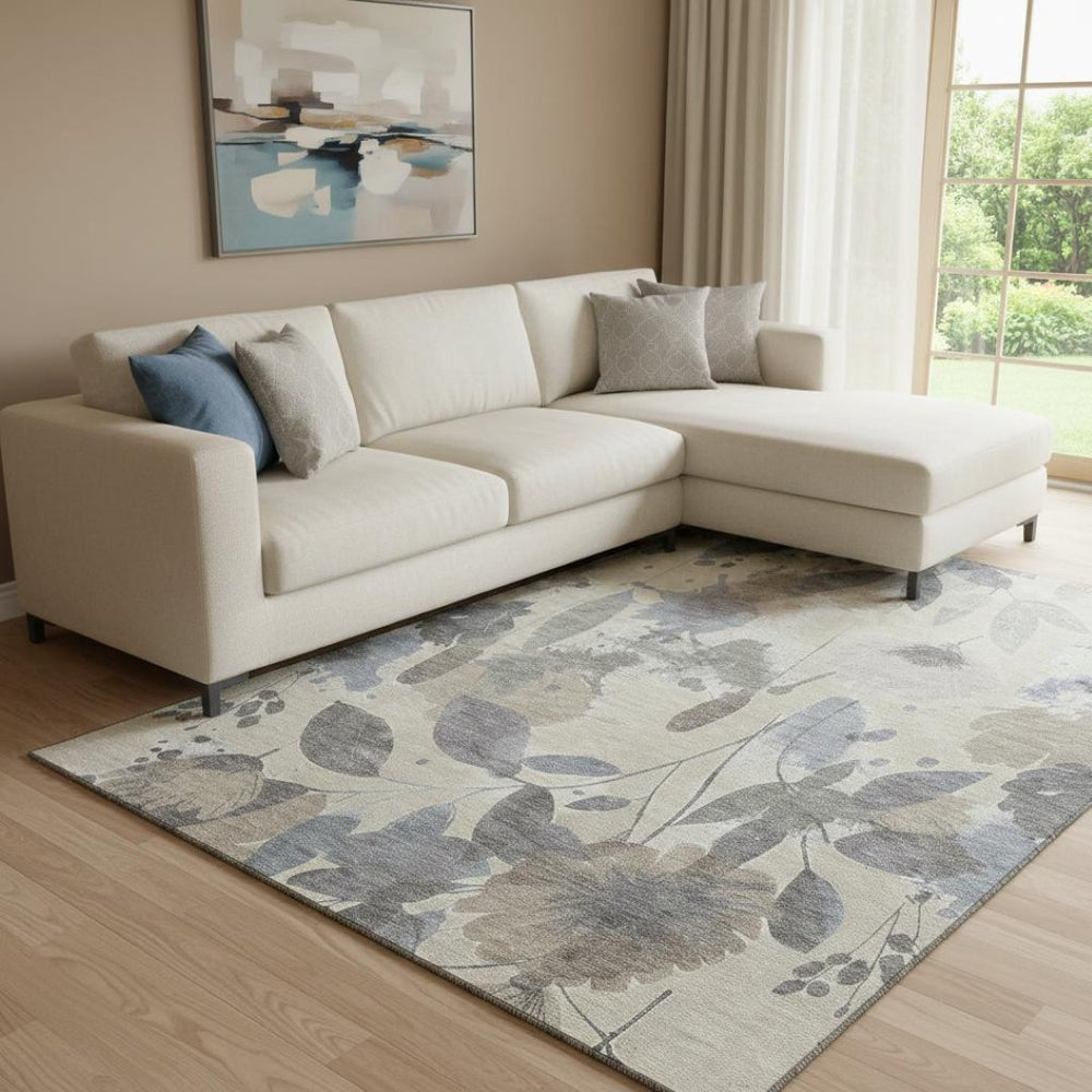 HomeRoots 8' Beige Gray Ivory Floral Area Rug - Durable, Washable, UV-Protected for High-Traffic Spaces 694356