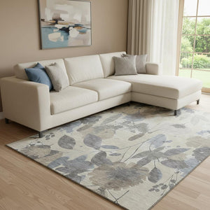 HomeRoots 8' Beige Gray Ivory Floral Area Rug - Durable, Washable, UV-Protected for High-Traffic Spaces 694356