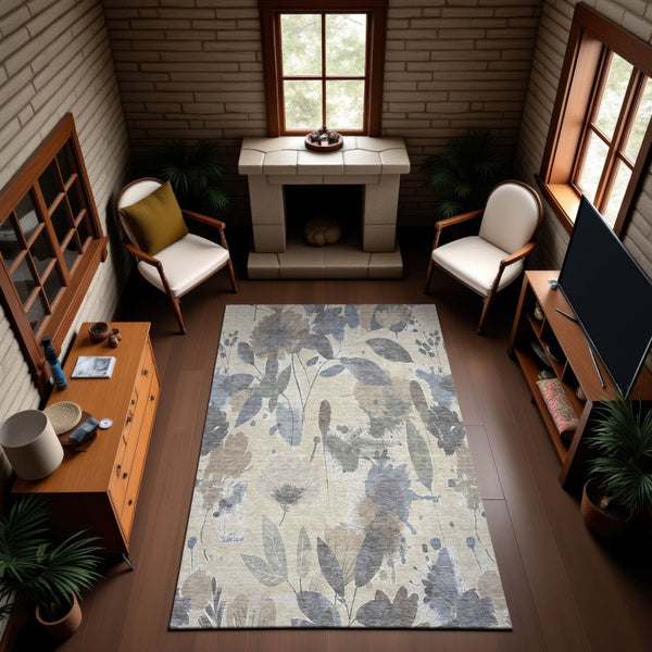 HomeRoots 9' X 12' Elegant Beige Gray Floral Washable Area Rug with UV Protection for High-Traffic Homes 694357