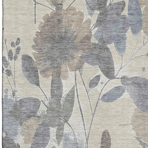 HomeRoots 9' X 12' Elegant Beige Gray Floral Washable Area Rug with UV Protection for High-Traffic Homes 694357