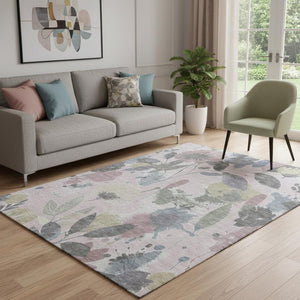 HomeRoots 5' X 8' Stylish Blush Mauve & Gray Floral Area Rug - Washable, Stain Resistant, UV Protected Design 694360