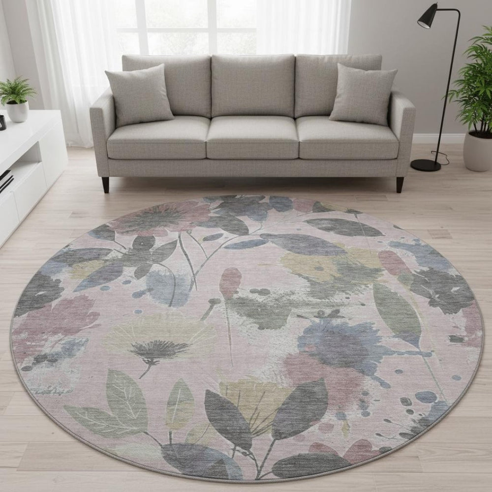 HomeRoots 8' X 8' Blush Mauve & Gray Floral Washable Round Rug - Durable, UV-Protected, Non-Slip Design! 694361