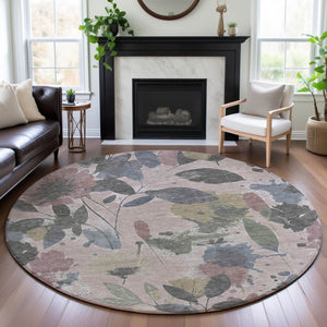 HomeRoots 8' X 8' Blush Mauve & Gray Floral Washable Round Rug - Durable, UV-Protected, Non-Slip Design! 694361