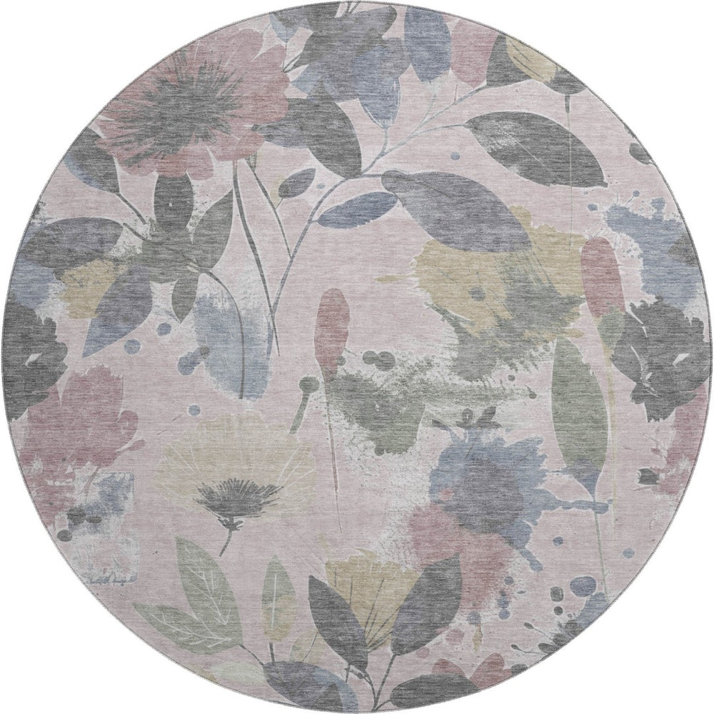 HomeRoots 8' X 8' Blush Mauve & Gray Floral Washable Round Rug - Durable, UV-Protected, Non-Slip Design! 694361