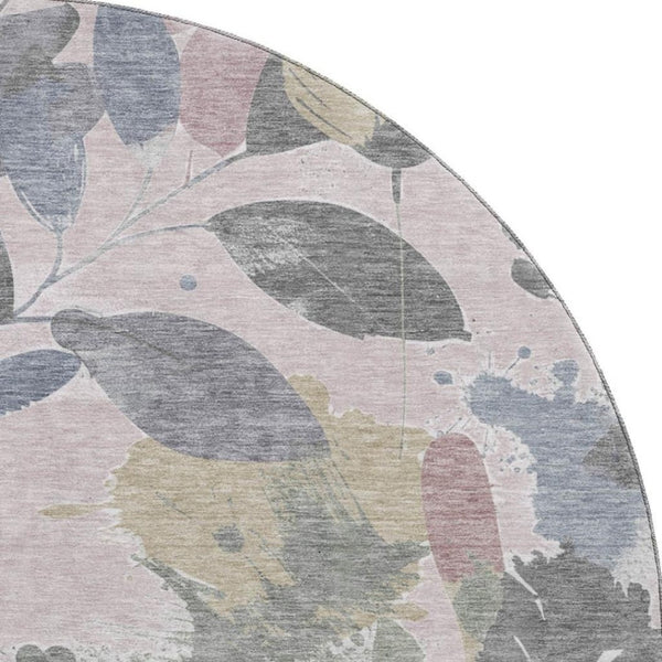 HomeRoots 8' X 8' Blush Mauve & Gray Floral Washable Round Rug - Durable, UV-Protected, Non-Slip Design! 694361