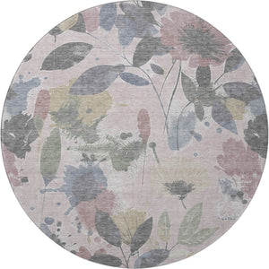 HomeRoots 8' X 8' Blush Mauve & Gray Floral Washable Round Rug - Durable, UV-Protected, Non-Slip Design! 694361