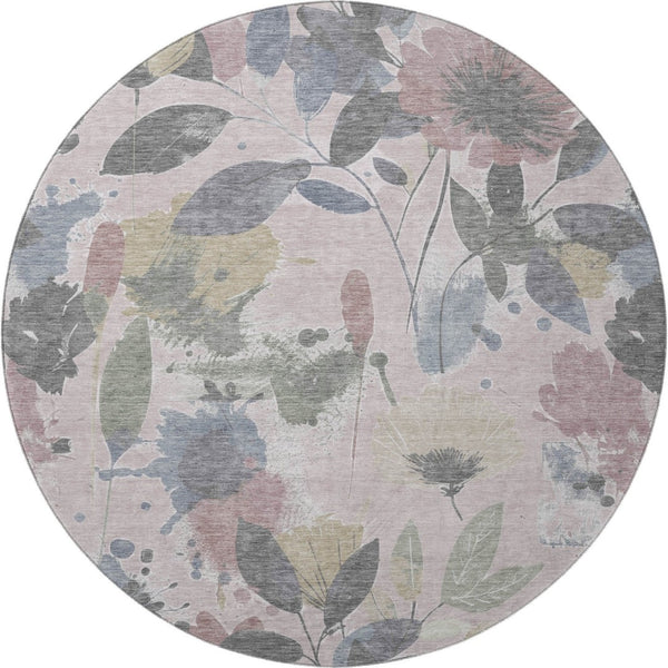 HomeRoots 8' X 8' Blush Mauve & Gray Floral Washable Round Rug - Durable, UV-Protected, Non-Slip Design! 694361