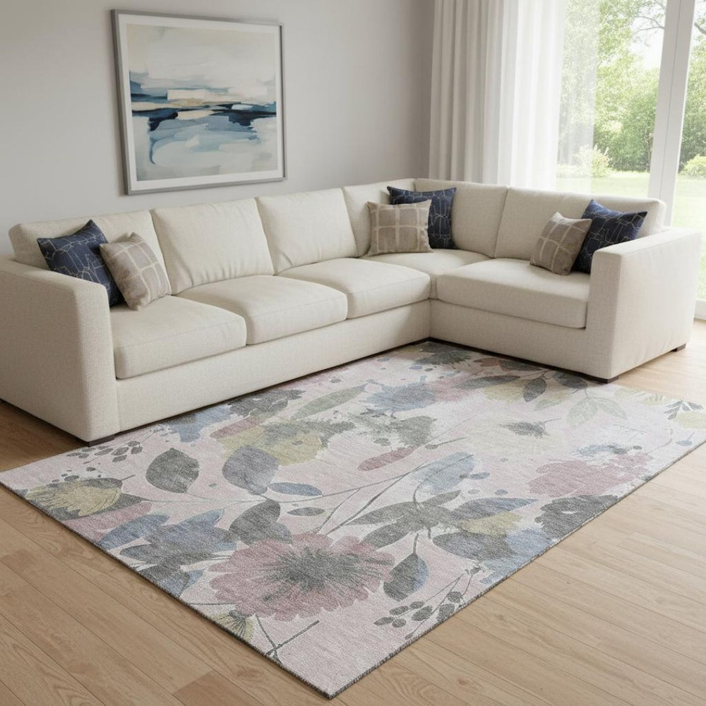 HomeRoots 8' Elegant Blush Mauve and Gray Floral Washable Area Rug with UV Protection for Busy Homes 694362