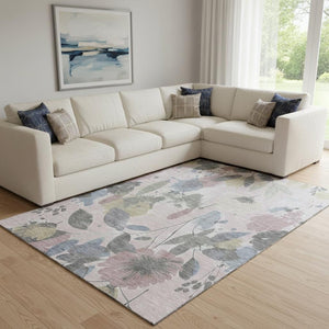 HomeRoots 8' Elegant Blush Mauve and Gray Floral Washable Area Rug with UV Protection for Busy Homes 694362