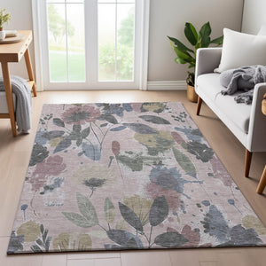 HomeRoots 10' X 14' Blush Mauve & Gray Floral Area Rug - Washable, UV-Protected, Perfect for High-Traffic Spaces! 694364