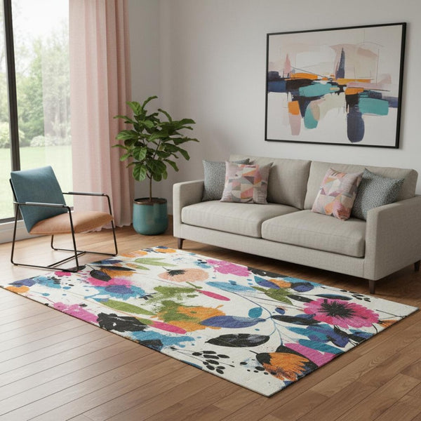 HomeRoots 5' X 8' Floral Washable Area Rug in Ivory, Blue, Pink & Orange - Durable, UV Protected & Stylish Decor 694366
