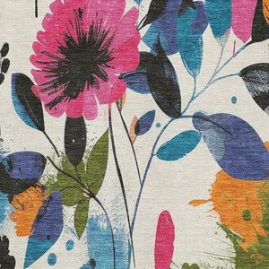 HomeRoots 5' X 8' Floral Washable Area Rug in Ivory, Blue, Pink & Orange - Durable, UV Protected & Stylish Decor 694366