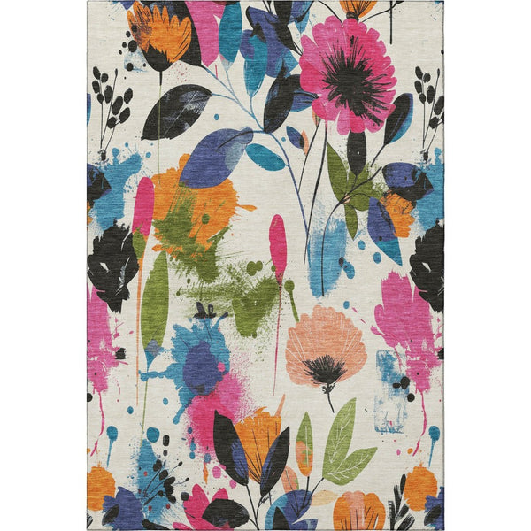 HomeRoots 5' X 8' Floral Washable Area Rug in Ivory, Blue, Pink & Orange - Durable, UV Protected & Stylish Decor 694366