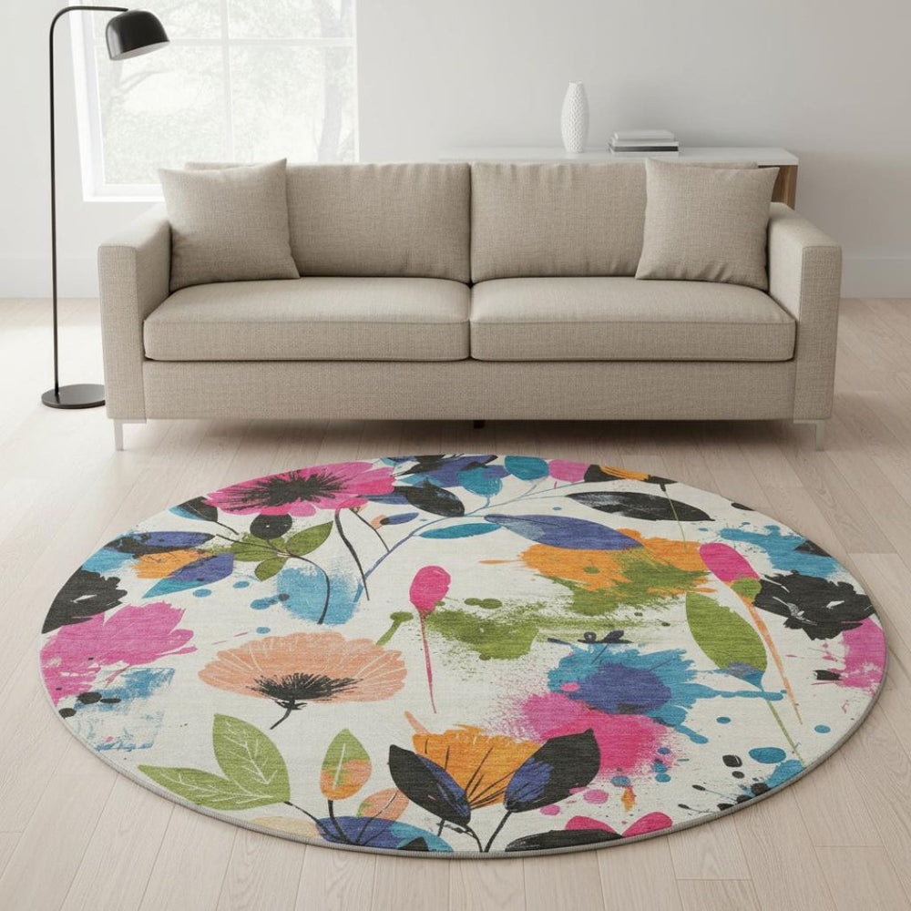 HomeRoots 8' Washable Round Rug with Floral Design - Vibrant Ivory, Blue, Pink & Orange, UV Protected, Durable! 694367