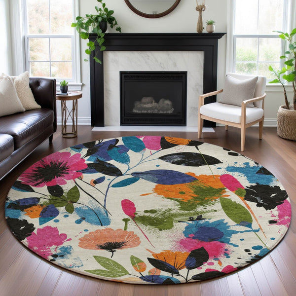 HomeRoots 8' Washable Round Rug with Floral Design - Vibrant Ivory, Blue, Pink & Orange, UV Protected, Durable! 694367