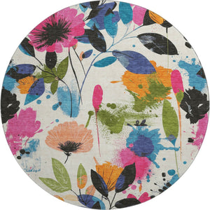 HomeRoots 8' Washable Round Rug with Floral Design - Vibrant Ivory, Blue, Pink & Orange, UV Protected, Durable! 694367
