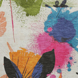 HomeRoots 8' Washable Round Rug with Floral Design - Vibrant Ivory, Blue, Pink & Orange, UV Protected, Durable! 694367